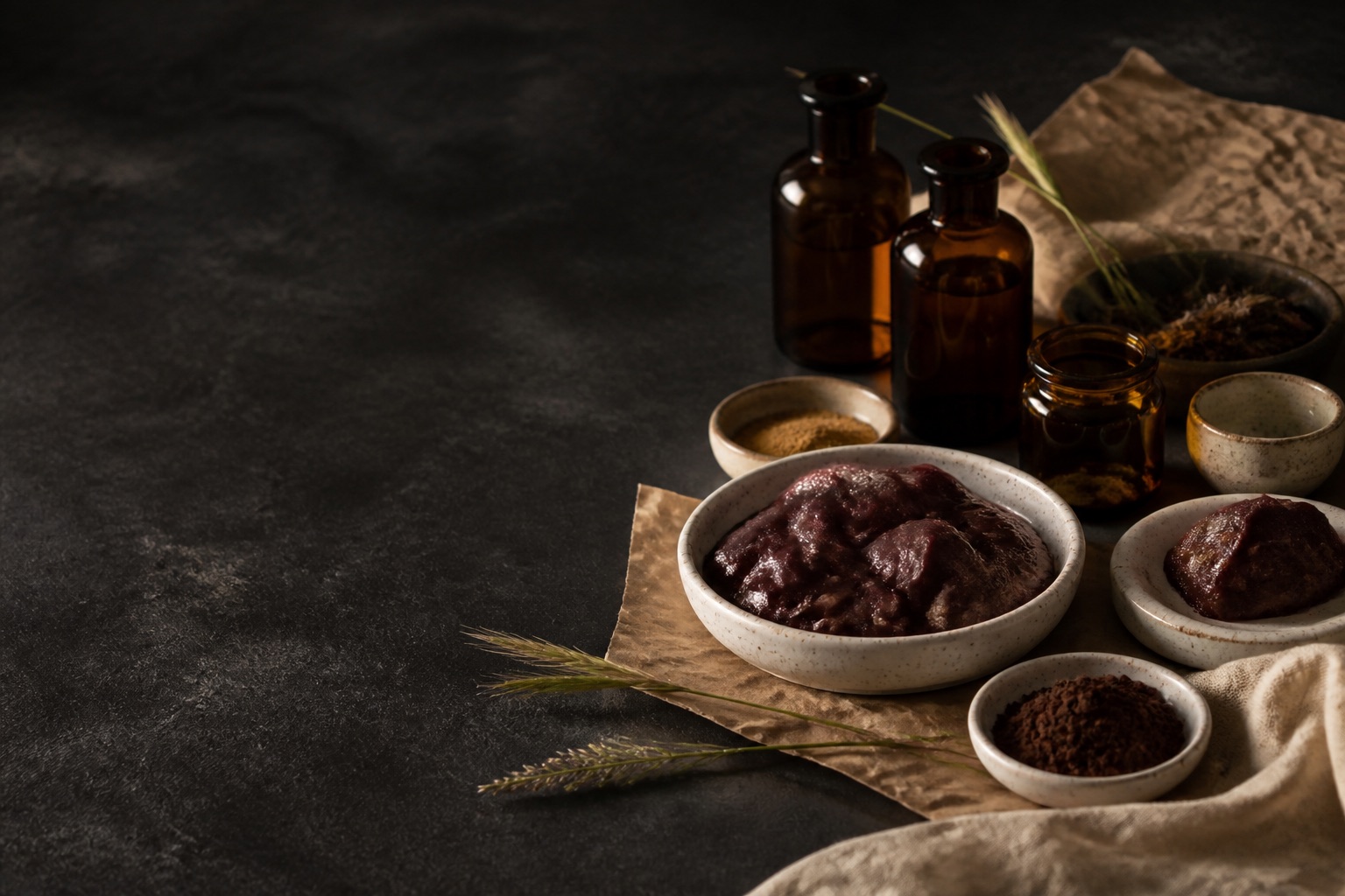 Whole-food ingredients arranged on a dark stone surface